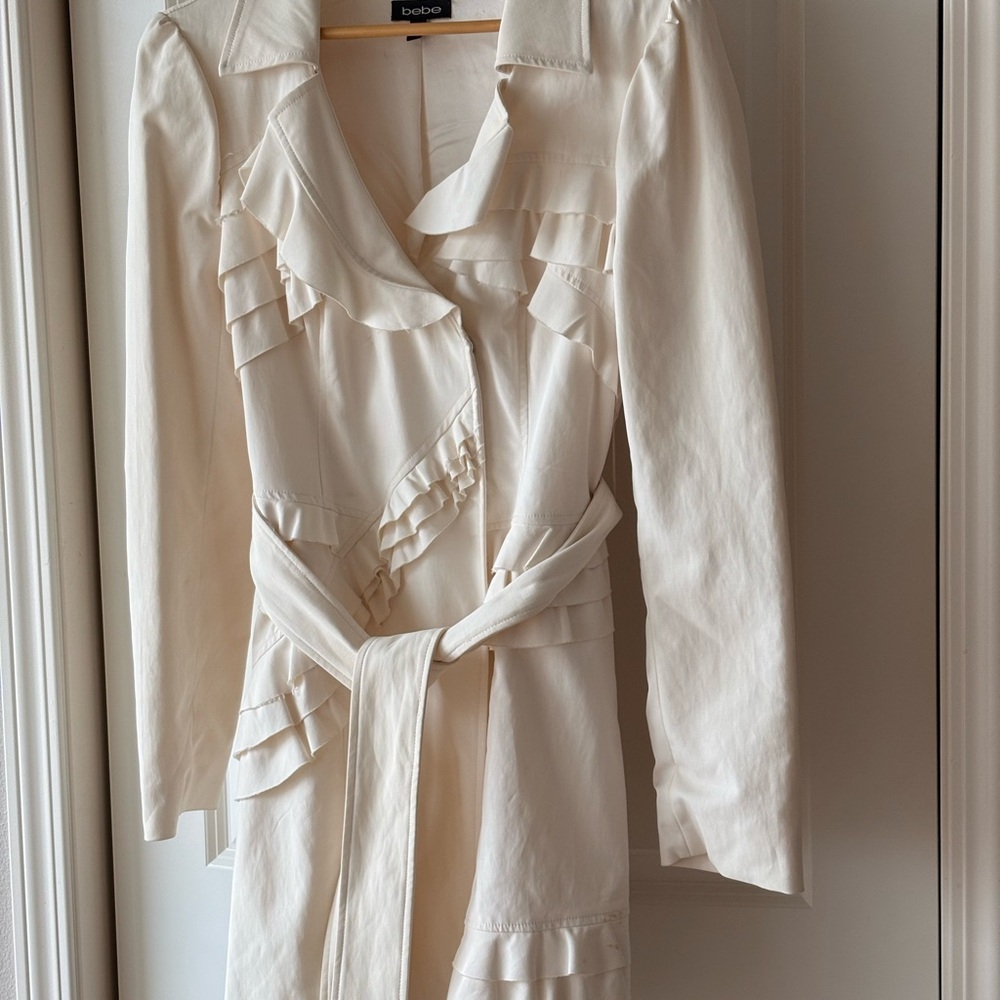 Bebe Cream Ruffle Trench Coat - Picture 2 of 15